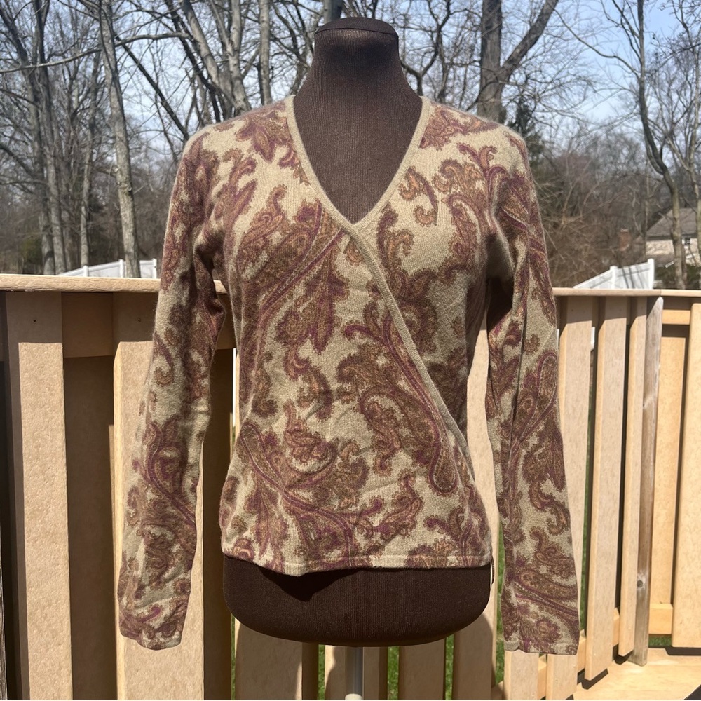 Daniel Bishop Paisley 100% Cashmere Crossover V-Neck Long Sleeve Sweater Size M